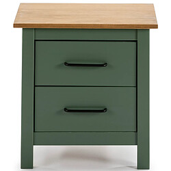 Pegane Table de chevet, table de nuit en pin massif décor ciré vert et chêne - Longueur 46 x Profondeur 35 x Hauteur 49.5 cm