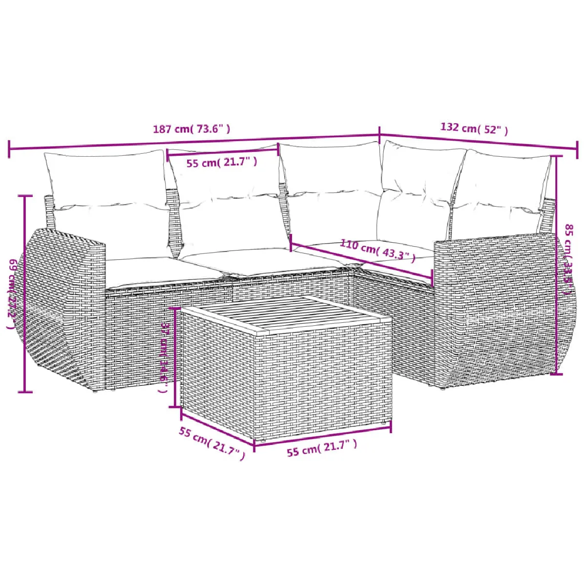 Avis vidaXL Salon de jardin 5 pcs avec coussins gris résine tressée