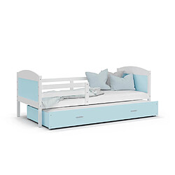 Kids Literie Lit Enfant Mateo 90x190 Blanc - bleu Livré avec sommiers, tiroir et matelas en mousse de 7cm