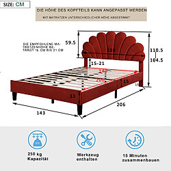 KILISKY Lit double 140 x 200 cm - tête de lit en forme de fleur - sommier à lattes - tissu velours - vin rouge pas cher