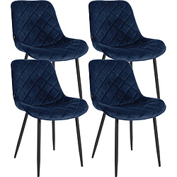 Decoshop26 Lot de 4 chaises de salle à manger en tissu velours confortable bleu pieds métal noir couture losange CDS10424 