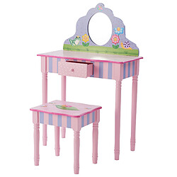 Teamson Kids Coiffeuse enfant avec tabouret vrai miroir meuble en bois fille rose Fantasy Fields TD-13245A