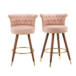 ComfortXL Tabourets de Bar Pivotants en Velours avec Nieten Design, Lot de 2, Pieds en Bois, Rose 