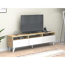 Vente-Unique Meuble TV avec 3 portes et 3 niches - Blanc et Naturel - DEMANIA