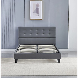 Sensoreve Lit 140x190cm simili cuir gris avec tête de lit boutonnée, sommier lattes en bois