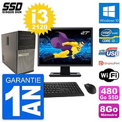 PC Tour Dell 790 MT Ecran 27" Intel i3-2120 RAM 8Go SSD 480Go Windows 10 Wifi · Occasion 