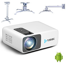 TROISC Android 9.0 WiFi Bluetooth, FULL HD 1080P, Correction Trapézoïdale en 4 points, Projection Latérale, Zoom Numérique, avec Support de Projecteur