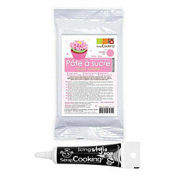 Scrapcooking Pâte à sucre rose 250 g + Stylo de glaçage noir 