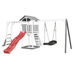 AXI Beach Tower Aire de Jeux avec Toboggan en Rouge, Cadre d'escalade, Balançoire Nid d'oiseau Noir & Bac à Sable | Grande Maison Enfant extérieur en Gris & BLANC | Cabane de Jeu en Bois FSC 