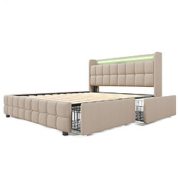 Sweiko Lit avec tiroirs Lit rembourré recharge USB Tête de lit et éclairage LED et 4 tiroirs Lit double 180x200 cm Lits de rangement Beige