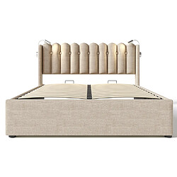 Sweiko Lit coffre 140x200 cm Lit double rembourré Avec fonction de chargement et deux lampes de lecture Beige Avec matelas