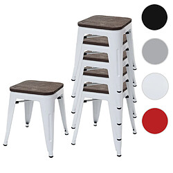 Mendler 6x tabouret HWC-A73, avec siège en bois, métal, style industriel, empilable ~ blanc 