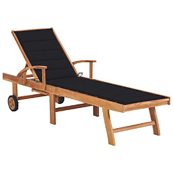 vidaXL Chaise longue avec coussin noir Bois de teck solide