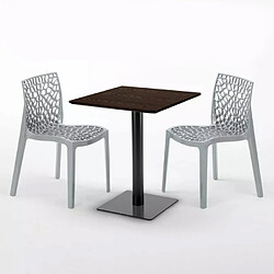 Avis Grand Soleil Table carrée 60x60 pied noir et surface bois avec 2 chaises colorées Gruvyer Kiss - Gris