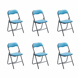 Hooma Lot de 6 chaises pliantes confortables en velours et métal - Bleu Lot de 6 chaises pliantes en velours