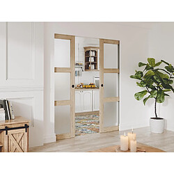 Vente-Unique Porte coulissante double avec système à galandage en bois et verre trempé dépoli - 3 fenêtres - 2 x H205 x L93 cm - ACOSTA II