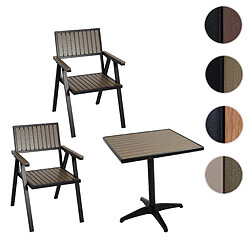 Mendler Lot de 2 chaises de jardin + table de jardin HWC-J95, revêtement Gastro Outdoor, alu aspect bois ~ noir, gris