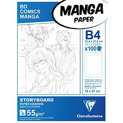 Clairefontaine REF 94040C Papier Manga Bloc Storyboard 27,5x37,4 cm 100 Feuilles Grille divisée en 6 Cases 55 grammes par 1, Blanc