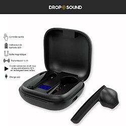 Ecouteur Bluetooth Drop Sound 5.0 Noir - Résistant à l'eau , Contrôle tactile, Micro, Son puissant, indicateur batterie 12h, box rangement magnétique et rechargeable