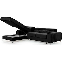 Avis VENESETTI Canapé d'angle convertible en tissu velours Luxe noir, 5 places, angle gauche (vu de face) - GRECE VELOURS