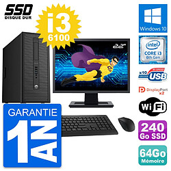 PC Tour HP EliteDesk 800 G2 Ecran 22" i3-6100 RAM 64Go SSD 240Go Windows 10 Wifi · Occasion 