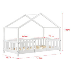 Decoshop26 Lit pour enfant cabane maison avec matelas barrière et sommier en bois de pin blanc 70 x 140 cm 03_0005457