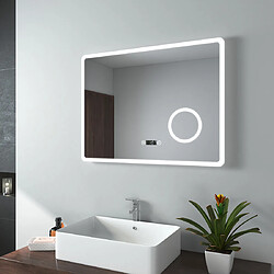 EMKE Miroir de salle de bain LED avec Loupe 3 Fois 80x60cm | Loupe 3x, Interrupteur Tactile, Anti-buée, Horloge | Lumière Blanche Froide