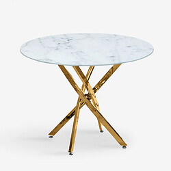 Ahd Amazing Home Design Table ronde 100cm en verre trempé avec effet marbre et pieds dorés Aurum