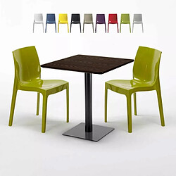 Grand Soleil Table Carrée 70x70 Effet Bois avec 2 Chaises Colorées Ice Melon - Vert 