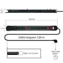 WAYTEX 52157 Multiprise 10 Prises avec 2 interrupteurs Parasurtenseur Câble 1,50m et Accroches murales