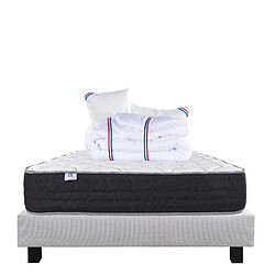 LUXURY LITERIE Ensemble matelas Sérénité 140x200 cm + sommier gris ep20cm + 2 oreillers + couette •Dimensions du couchage: 140x200 cm •Type de matelas: ressorts ensachés, memosoft100 •Epaisseur du matelas: 27 cm •Matelas livré roulé compressé •Traitement de protection: Anti-acarien, Anti-bactérien, Hypoallergénique •Revêtement-Coutil certifié Oeko-tex