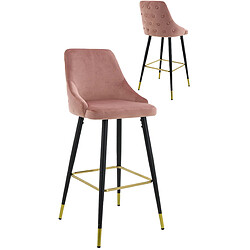 Vivenla Lot de 2 Tabourets de bar design capitonné à l'arrière revêtement en velours rose avec piètement en acier noir et doré collection HUNTER L. 50 x P. 50 x H. 110 cm 