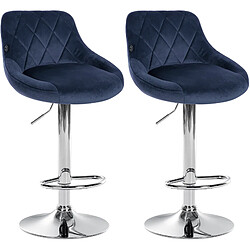 Decoshop26 Set de 2 tabourets de bar coutures décoratives losanges assise en velours bleu et cadre en métal chromé TDB10767