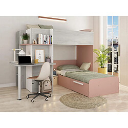 Vente-Unique Lits superposés d'angle 2 x 90 x 190 cm - Avec bureau - Gris, blanc et rose - SAMUEL 