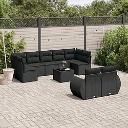 vidaXL Salon de jardin 10 pcs avec coussins noir résine tressée 