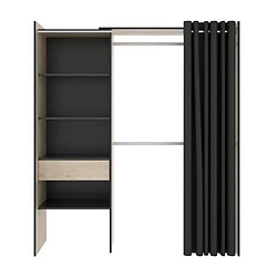 Pegane Armoire dressing extensible avec rideau + 1 tiroir coloris naturel/graphite - Longueur 110-160 x Hauteur 203 x Profondeur 50 cm