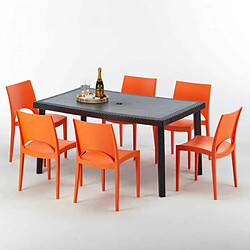 Grand Soleil Table rectangulaire et 6 chaises Poly rotin colorées 150x90cm noir Enjoy, Chaises Modèle: Paris orange 