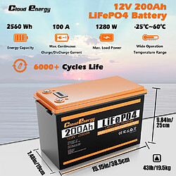 Cloudenergy Batterie LiFePO4 12 V 200 Ah Alimentation de secours, 2560 Wh d'énergie, 6000+ cycles, BMS 100 A intégré