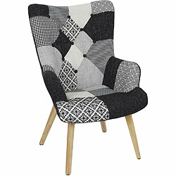 The Home Deco Factory Fauteuil en tissu patchwork pieds en bois brut Alta noir et blanc.