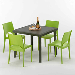 Grand Soleil Table carrée et 4 chaises colorées Poly-rotin résine 90x90 marron, Chaises Modèle: Paris Vert