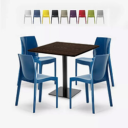 Grand Soleil Ensemble Table Bois Métal 90x90cm Horeca et 4 Chaises Empilables Bar Restaurant Yanez - Bleu 