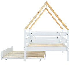 Sweiko Lit de cabane Lit simple Lit d'enfant Lit escamotable Lit coulissant avec roulettes en bas Lit blanc Poutrelle naturelle (200x90cm) pas cher