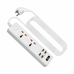 Multiprise 2 prises + 4 ports USB 2,4A Câble 2m Antistatique Inkax Blanc