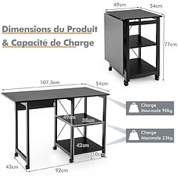 Acheter Helloshop26 Bureau pliable pour ordinateur table de travail moderne avec 2 étagères de rangement table pour ordinateur portable avec 6 roulettes noir 20_0008021