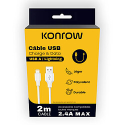 Konrow KCATLPW2 - Câble USB Lightning vers Type A (2m, Blanc) - Emballage Original 