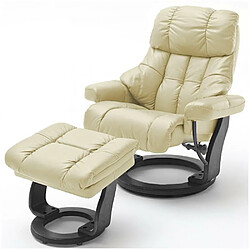 Inside 75 Fauteuil relax CLAIRAC XL assise en cuir crème pied en bois couleur noir avec repose pied 