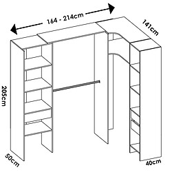 Pegane Kit armoire dressing d'angle extensible en bois mélaminé coloris blanc - Longueur 164-214 x Profondeur 141 x Hauteur 205 cm