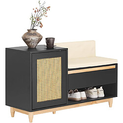 SoBuy FSR128-SCH Banc de Rangement à Chaussure Meuble d'entrée Porte à Treillis avec Espace de Rangement Armoire à Chaussures avec Coussin et Tiroir sur Pieds, Noir-Naturel, 100x35x60cm 