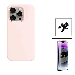 PHONECARE Kit Film Hydrogel Full Cover Avant + Coque Silicone Liquide + Support Magnétique de Voiture Renforcé pour Apple iPhone 15 Plus - Rose 