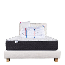 LUXURY LITERIE Ensemble matelas Sérénité 140x190 cm + sommier beige ep20cm + 2 oreillers + couette + Tête de Lit •Dimensions du couchage: 140x190 cm •Type de matelas: ressorts ensachés, memosoft100 •Epaisseur du matelas: 27 cm •Matelas livré roulé compressé •Traitement de protection: Anti-acarien, Anti-bactérien, Hypoallergénique •Revêtement-Coutil certifié Oeko-tex